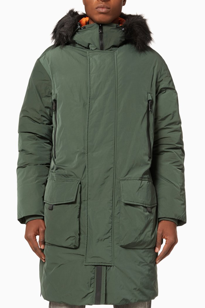 Faux-Fur Trim Parka in Nylon, Green