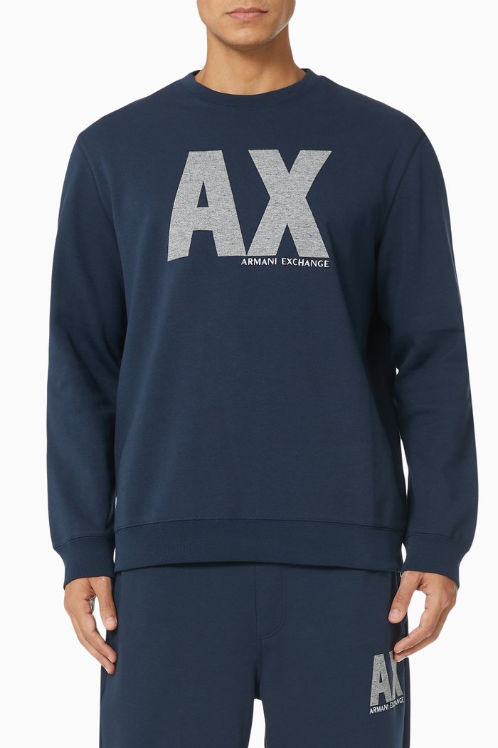 

AX Logo Print Sweatshirt in Cotton Blend Fleece, Blue