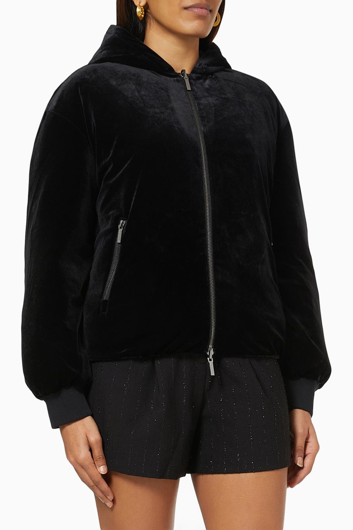 

Reversible Hooded Puffer Jacket in Velvet & Nylon, Black