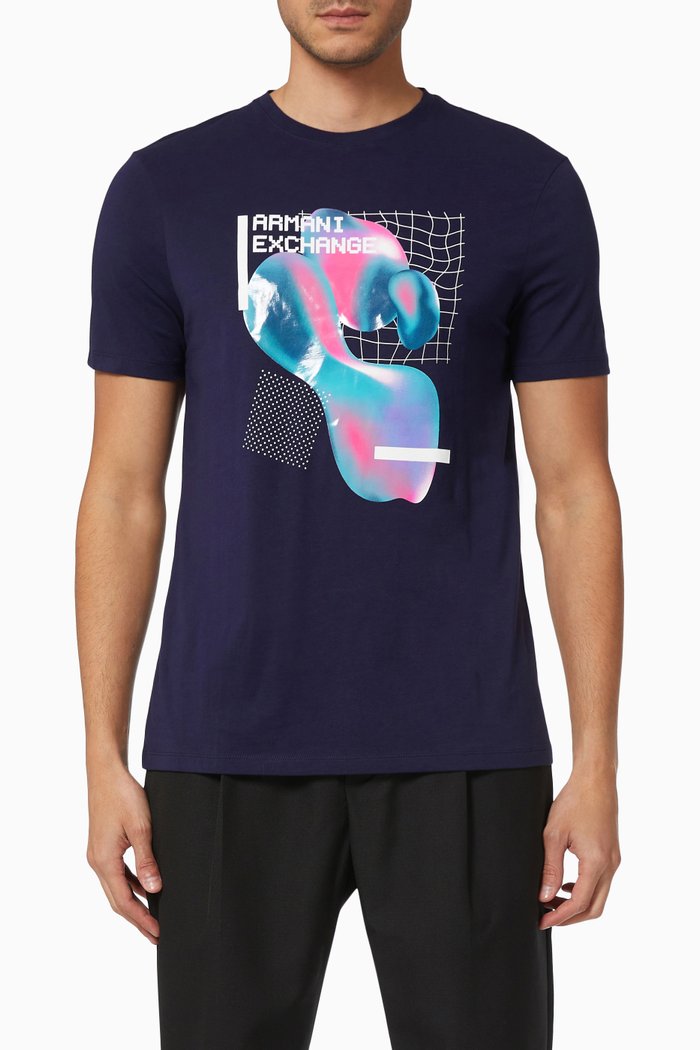 

Multicoloured Print T-Shirt in Cotton, Blue