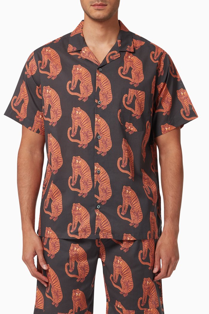 

Sansindo Tiger Cuban Pyjama Shirt in Cotton, Black