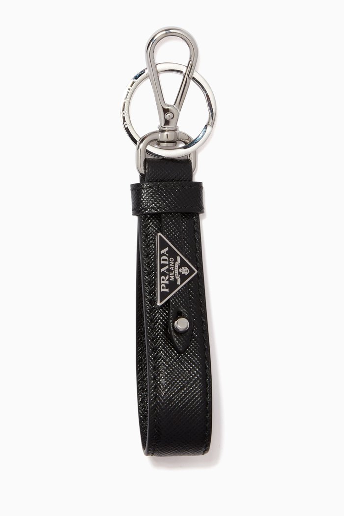 

Triangle Logo Keychain in Saffiano Leather, Black