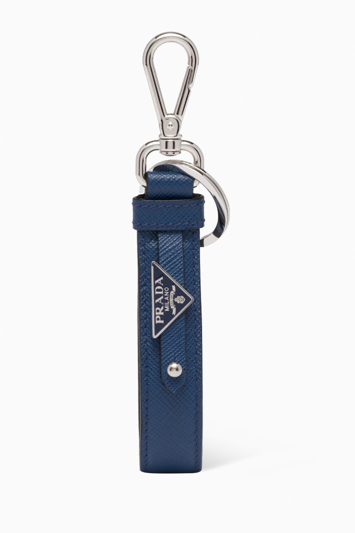 

Triangle Logo Keychain in Saffiano Leather, Blue