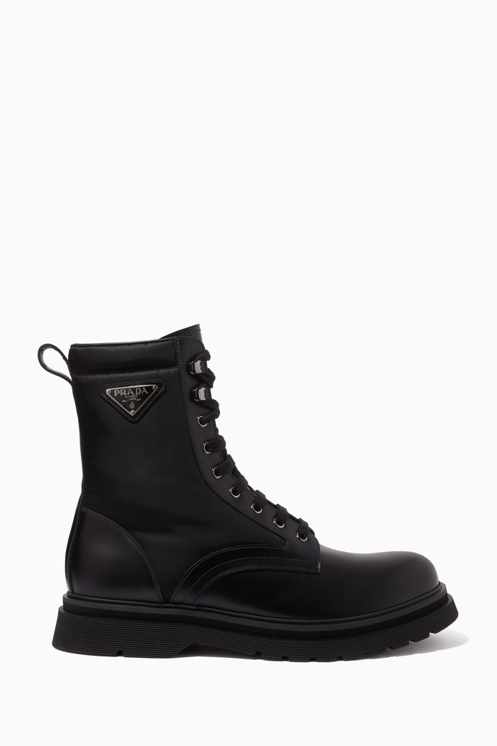 

Triangle Logo Boots in Brushed Leather & Nylon, Black