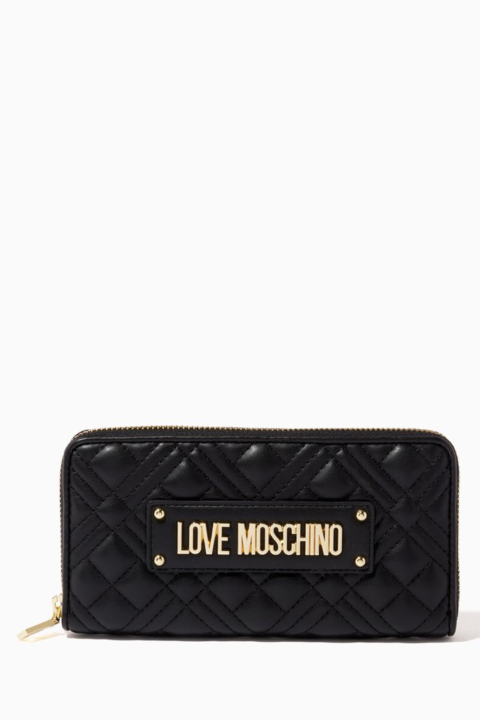 

Quilted Logo-plaque Zip Wallet in Faux Leather, Black