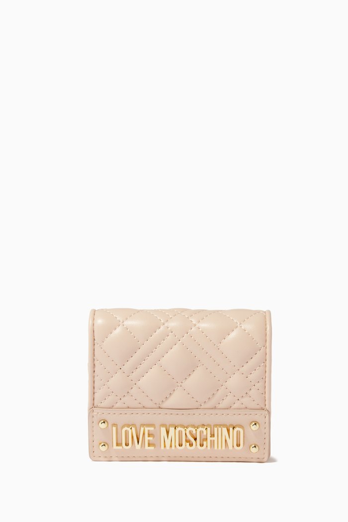 Quilted Logo Wallet in Faux Leather, Neutral