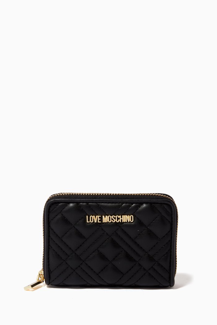 

Quilted Zip Around Wallet in Faux Leather, Black