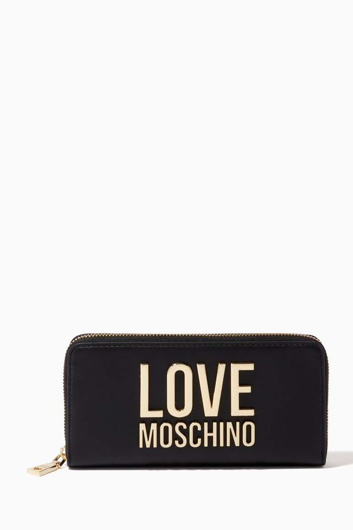 Metal Logo Wallet in Faux Leather, Black