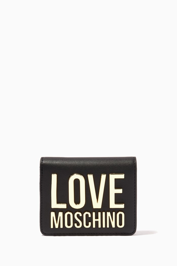 Metal Logo Wallet in Faux Leather, Black