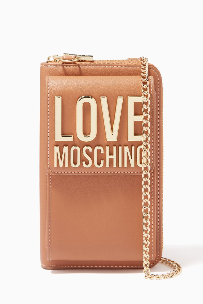 

Metal Logo Phone Wallet with Chain in Faux Leather, Brown