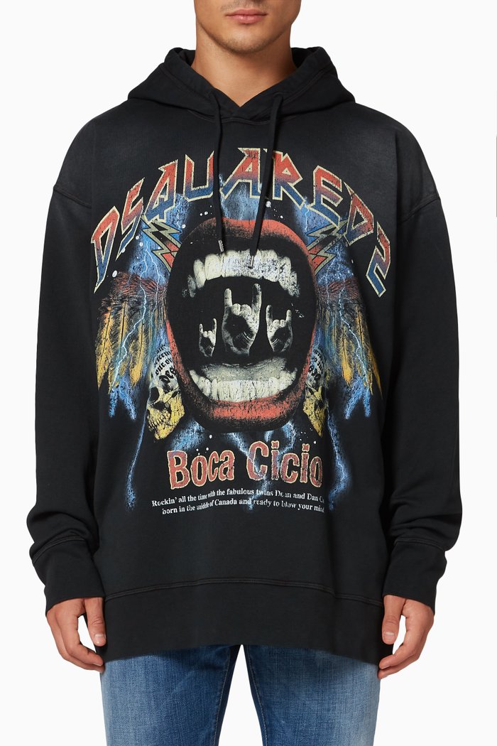 D2 Rock Hooded Sweatshirt in Cotton Jersey, Black
