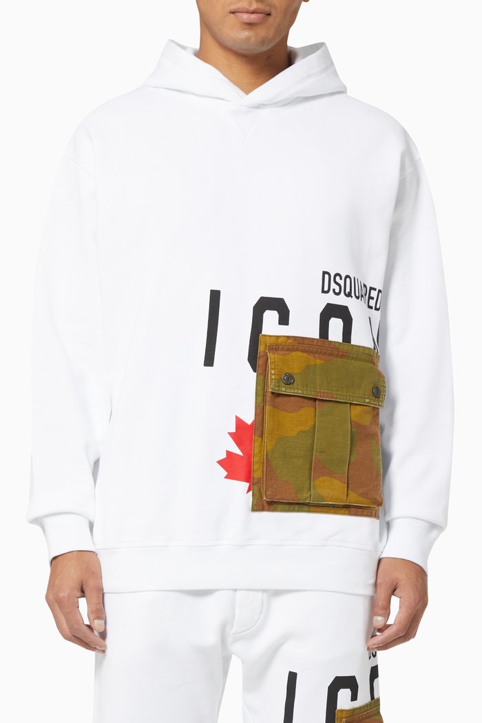 

Icon Cargo Pocket Hoodie in Cotton Fleece, White