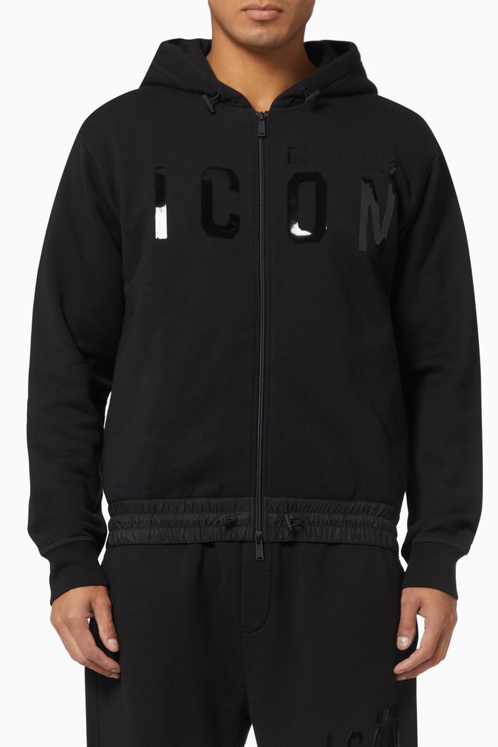 

Icon Monotone Print Sweat Jacket in Cotton Fleece, Black