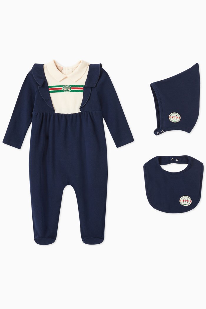 

Interlocking G Sleepsuit in Cotton, Set of 3, Blue