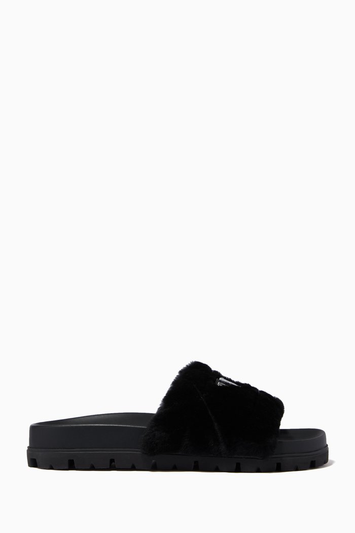 Logo Triangle Shearling Slides, Black
