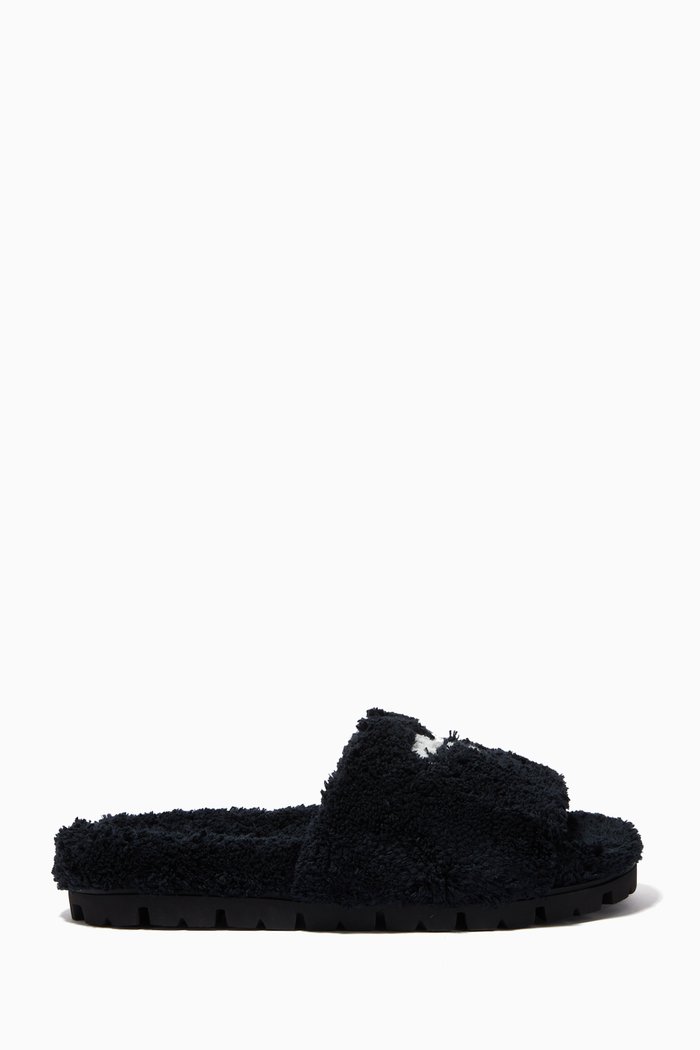 Logo Embroidered Slides in Terry Cloth, Black