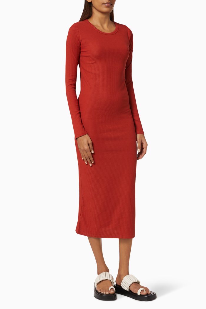 

Rib Flare Midi Dress in Stretch Cotton, Red