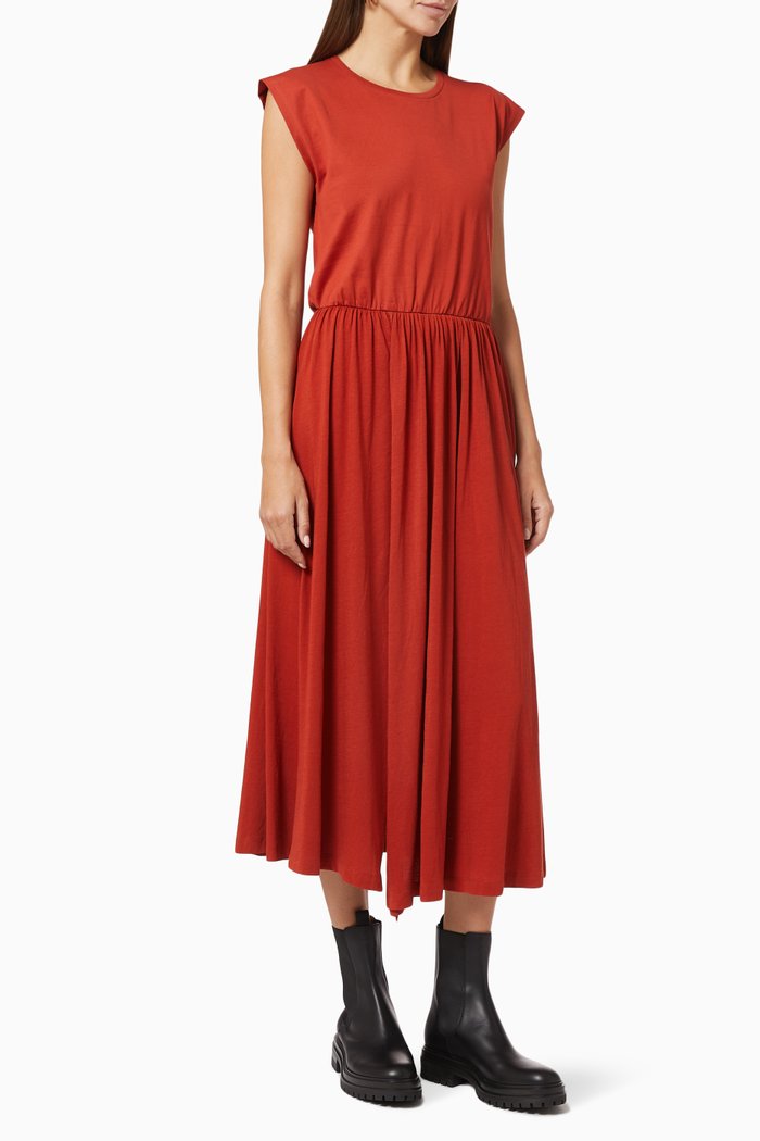 

Gathered Midi Dress in Organic Cotton, Red