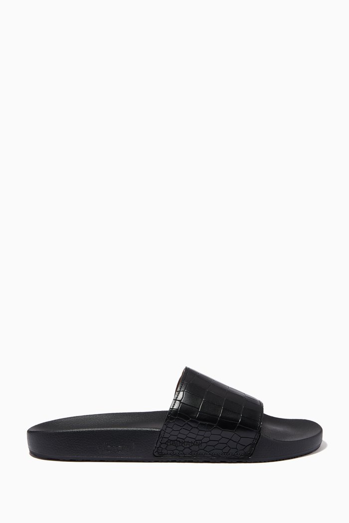 

Slide Sandals in Croc-embossed Leather, Black