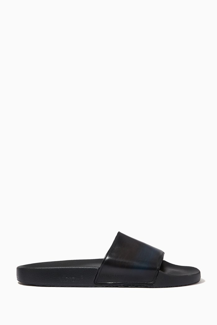 

Slide Sandals in Croc-embossed Leather, Blue