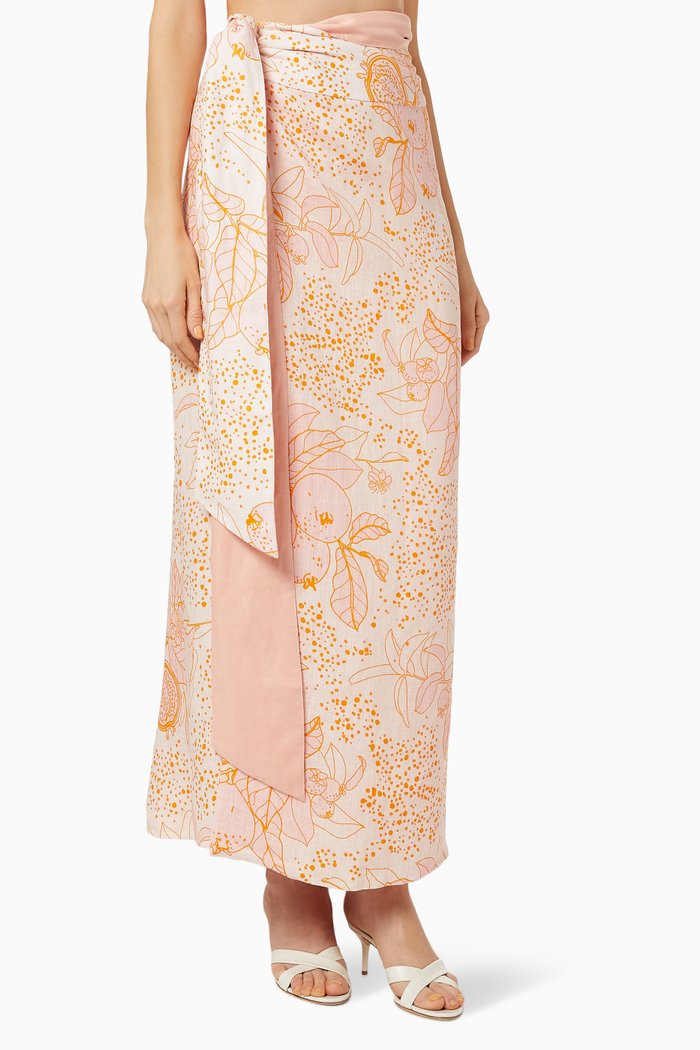 Loulou Wrap Around Reversible Maxi Skirt in Linen, Orange