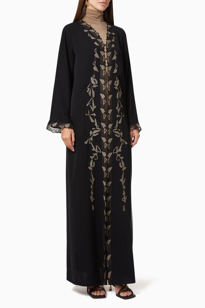 

Abaya with Geometric Floral Embroidery, Black
