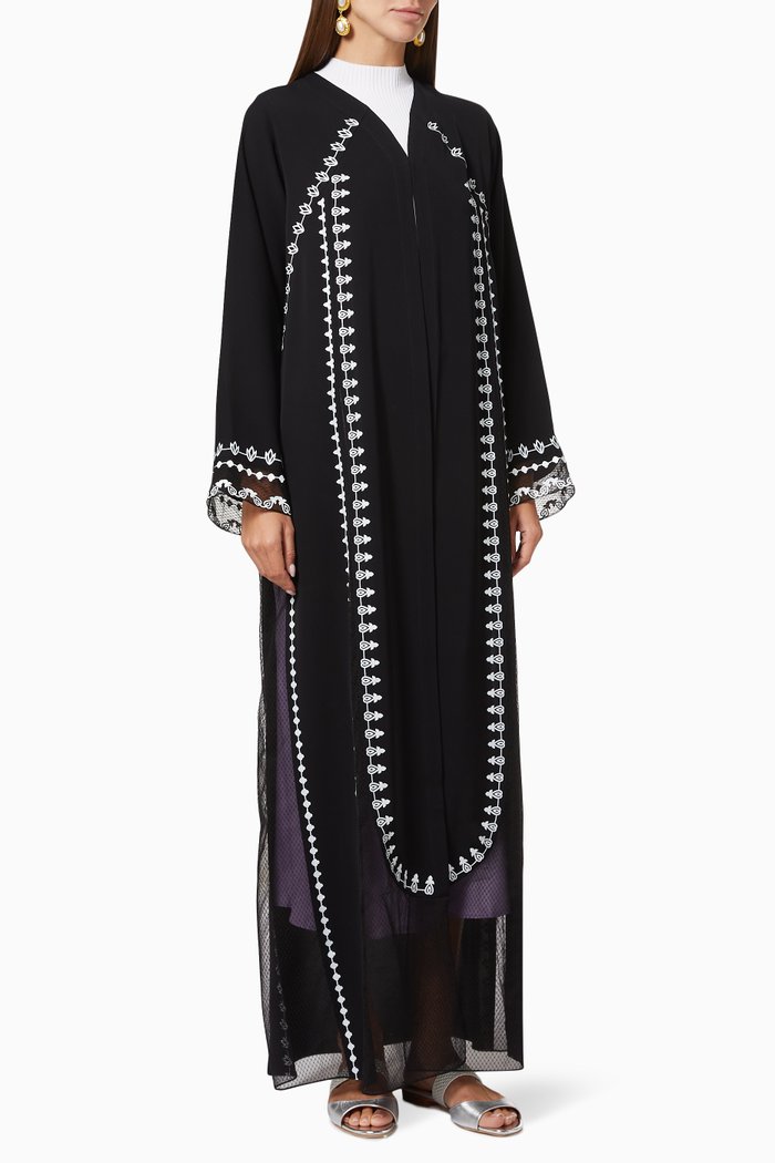 

Abaya with Geometric Floral Embroidery, Black