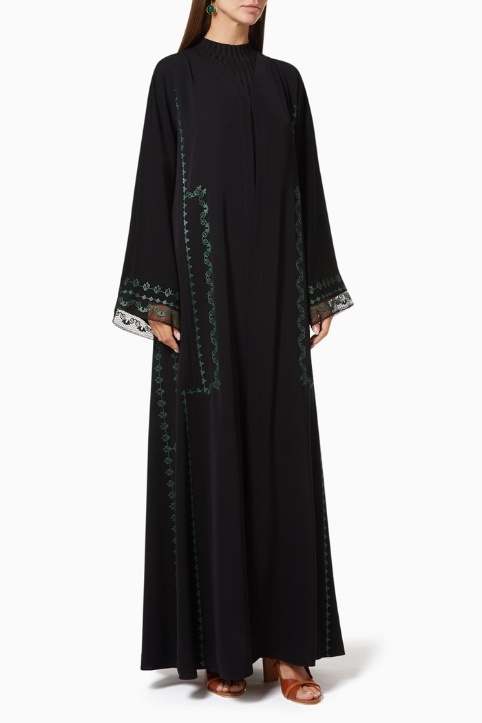 

Abaya with Geometric Floral Embroidery, Black