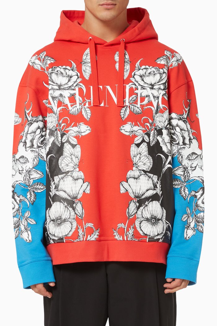 

Dark Blooming Print Hoodie in Cotton Fleece, Multicolour