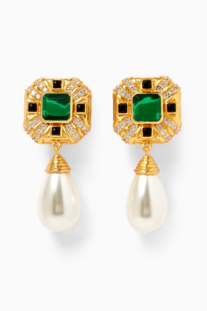

Diana Clip Earrings with Pearls in 24kt Gold Plating, Green