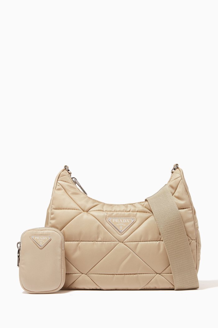 

Triangle Logo Shoulder Bag in Quilted Padded Nylon, Neutral