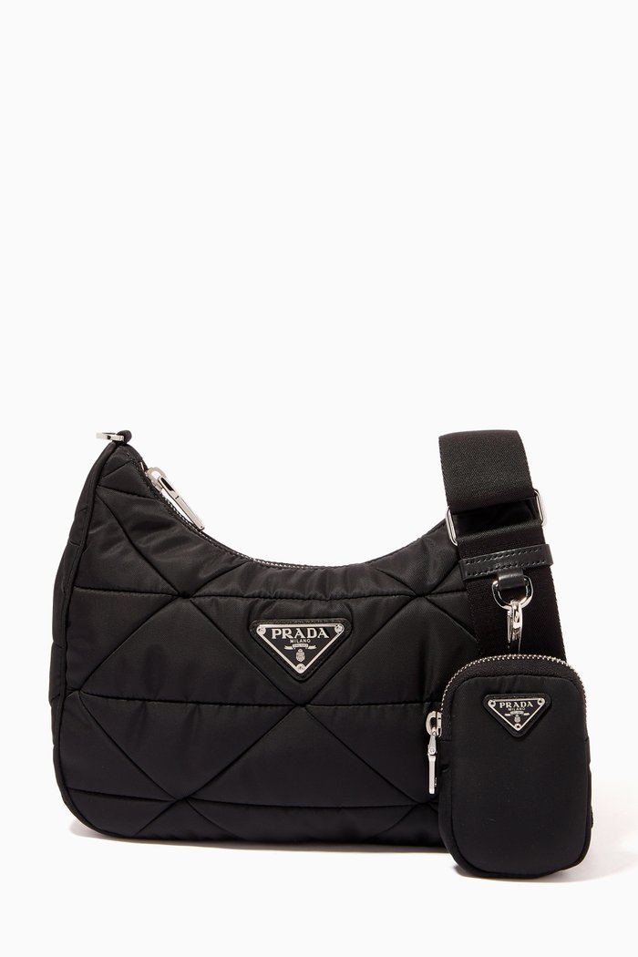 Triangle Logo Shoulder Bag in Quilted Padded Nylon, Black
