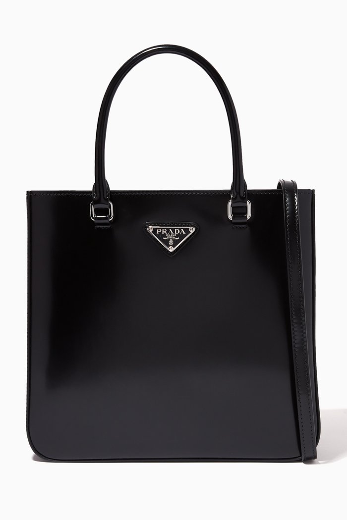 Triangle Logo Tote Bag in Brushed Leather, Black