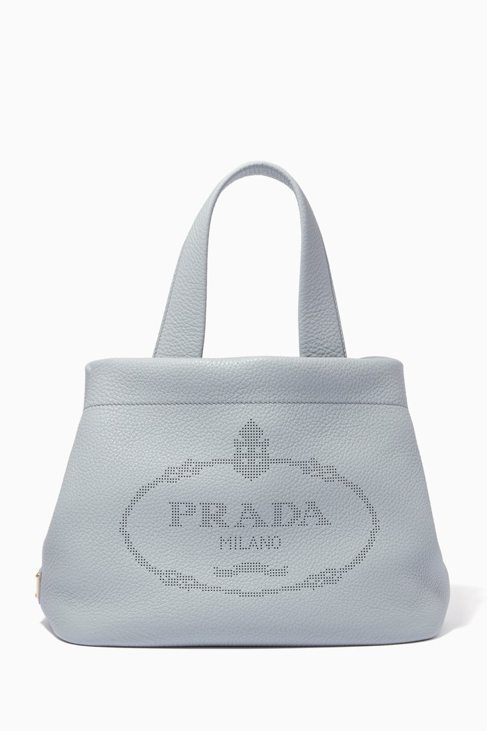 Perforated Logo Small Tote Bag in Calf Leather, Blue