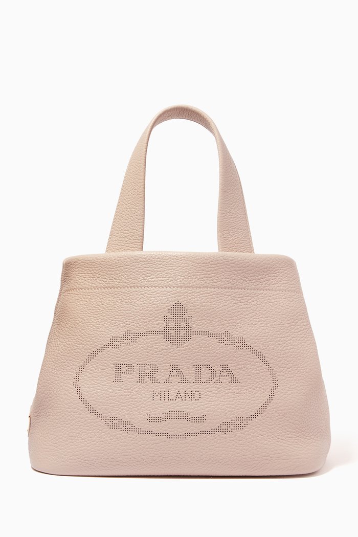 Perforated Logo Small Tote Bag in Calf Leather, Pink