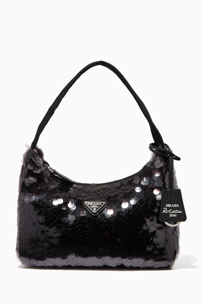 

Triangle Logo Mini Bag in Sequinned Re-Nylon, Black