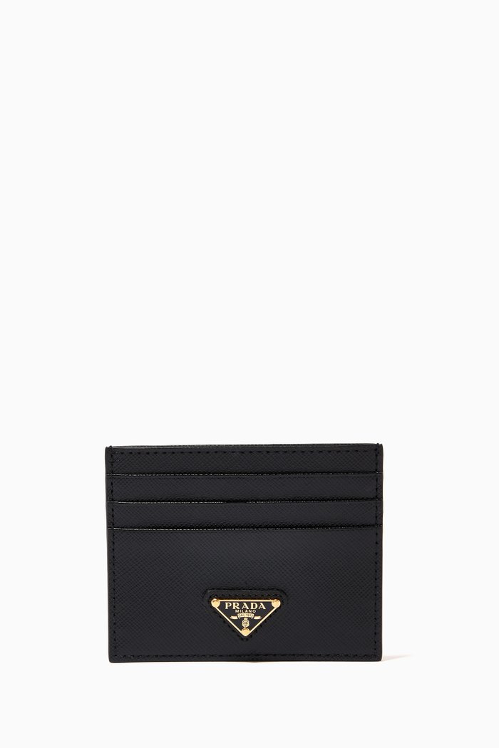 

Triangle Logo Card Holder in Saffiano Leather, Black