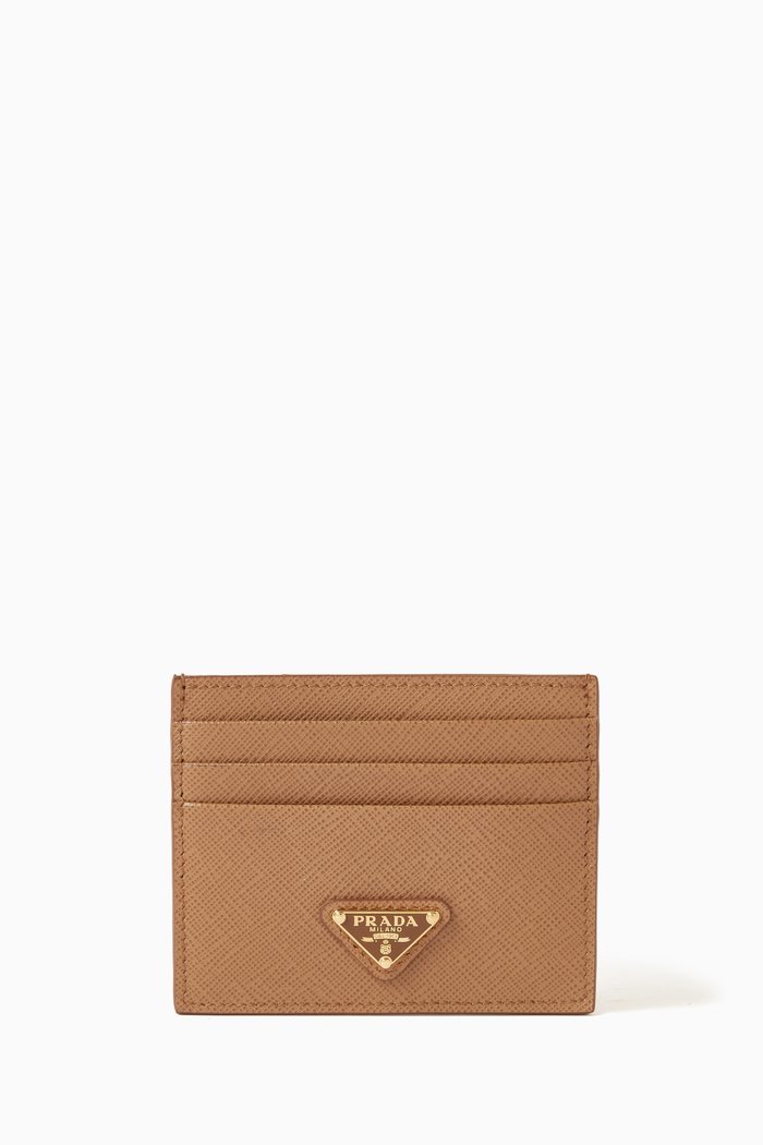 

Triangle Logo Card Holder in Saffiano Leather, Brown