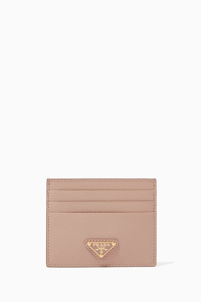 

Triangle Logo Card Holder in Saffiano Leather, Pink