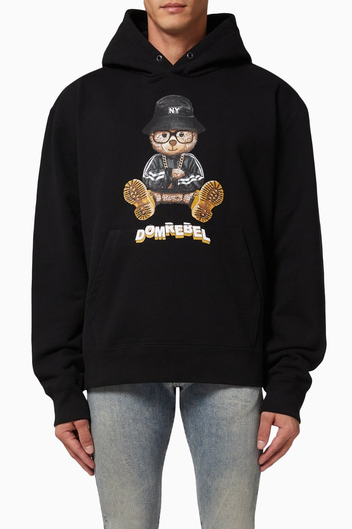 

NY Bear Pullover Hoodie in Cotton, Black