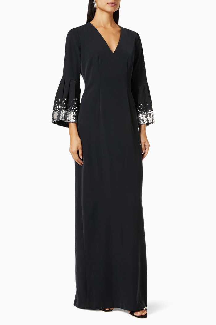 

Aria Sequin Trim Gown in Crepe, Black