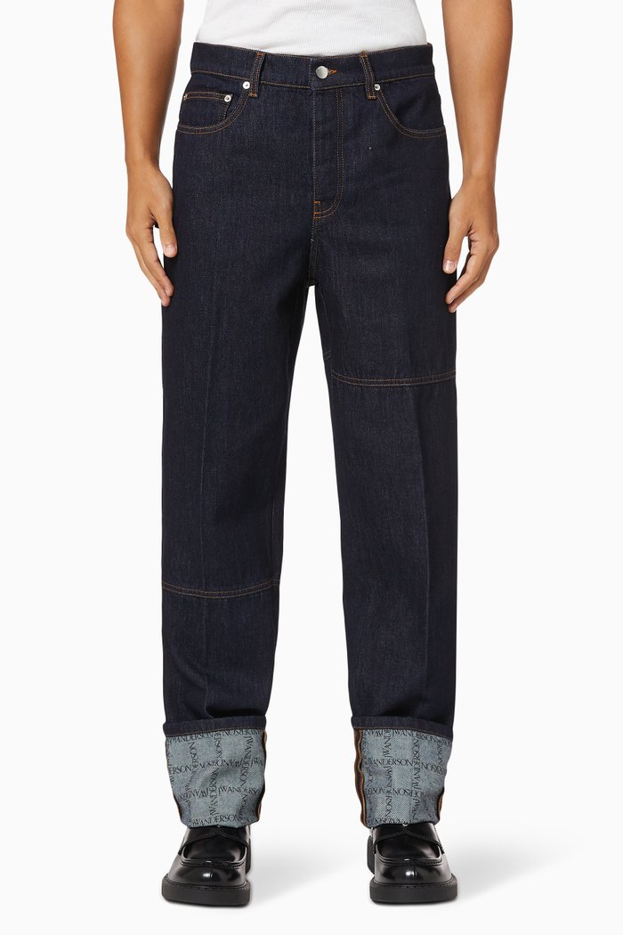 

Logo Grid Turn Up Workwear Jeans in Cotton Denim, Blue