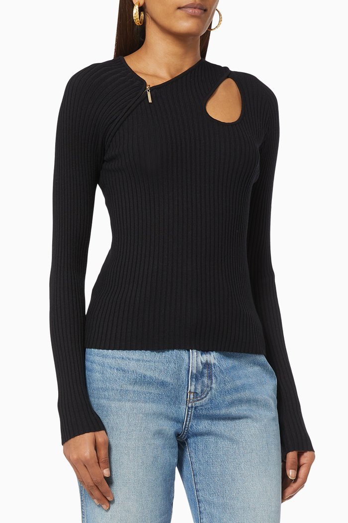 

Asymmetric Ribbed Knit Top, Black