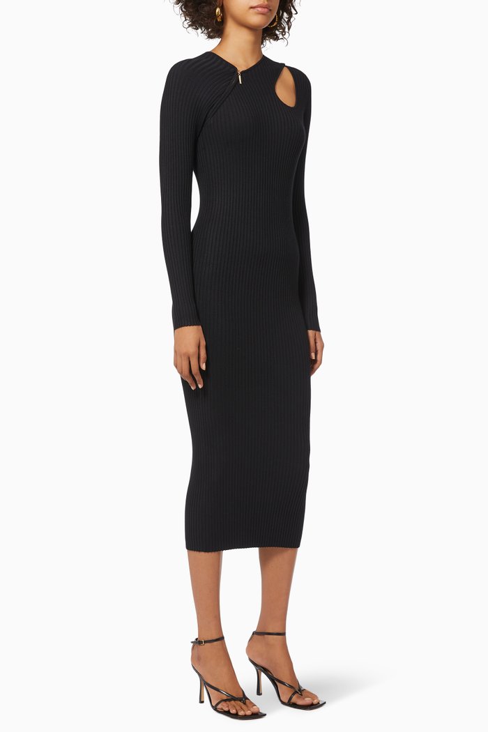 Asymmetric Ribbed Knit Dress, Black