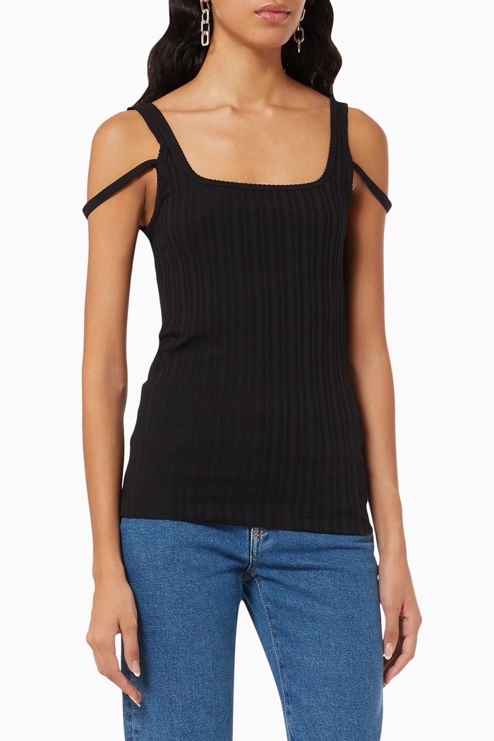 Square Neck Tank Top in Rib-knit, Black