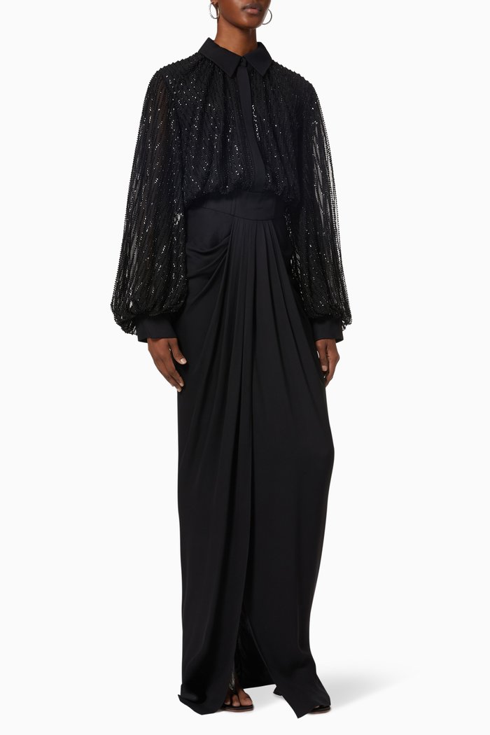 

Embellished Draped Shirt Gown, Black