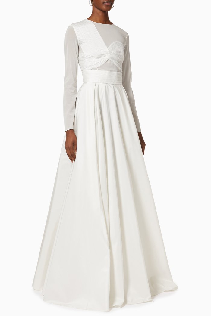

Shiny Draped Gown in Taffeta & Chiffon, White