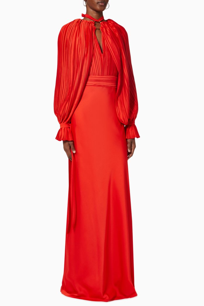 

Pleated Cape Sleeve Gown, Red