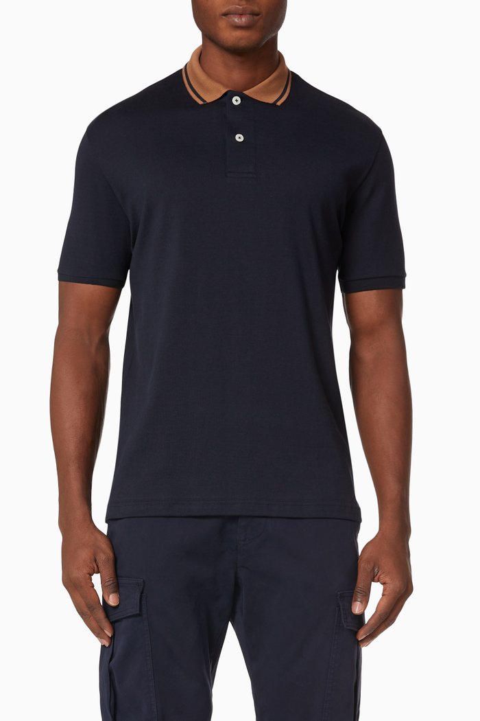 

Giza Contrast Collar Polo T-shirt in Cotton Jersey, Blue