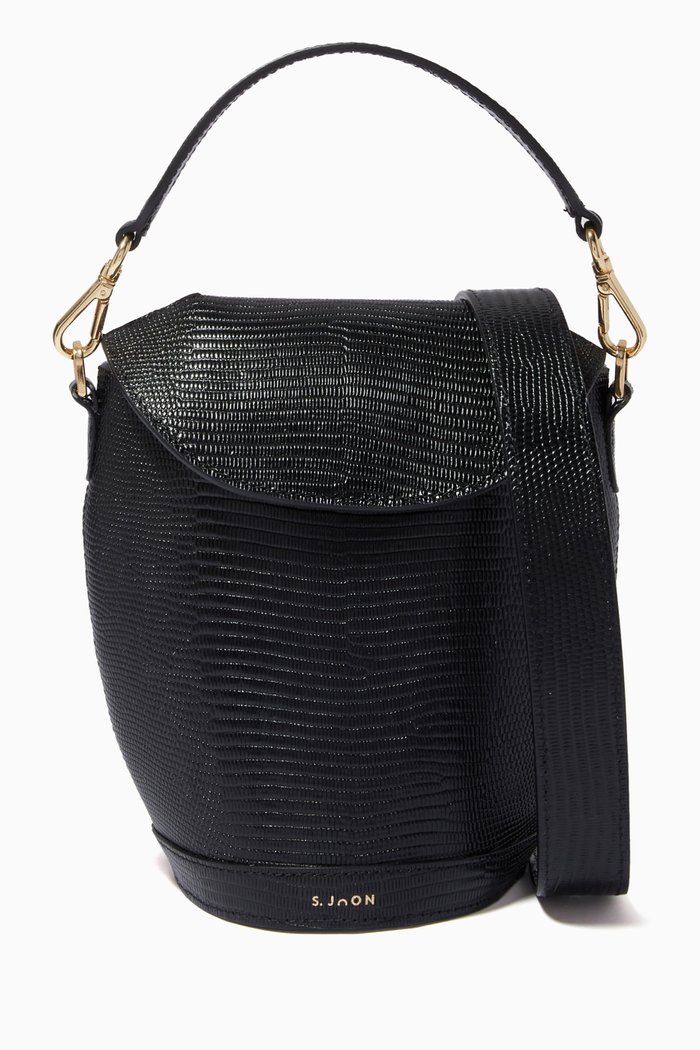 

Small Milk Pail Shoulder Bag in Croc-embossed Leather, Black